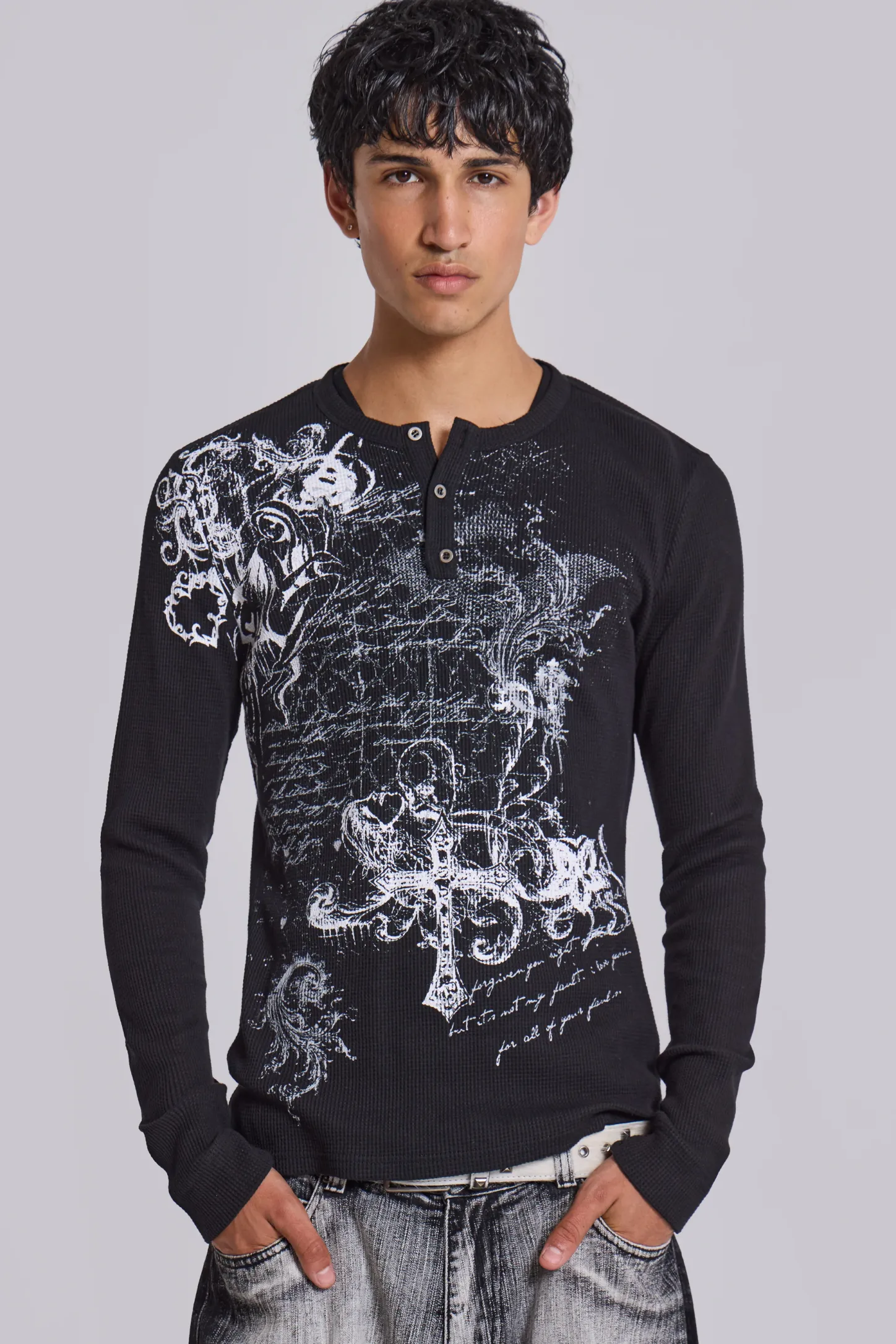 Anointed Black Waffle Henley T-Shirt-Jaded London Hot
