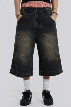 Axle Black Crease Wash Denim Jorts-Jaded London Cheap