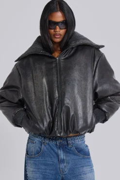 Black Alloy Vegan Leather Bomber Jacket-Jaded London Clearance