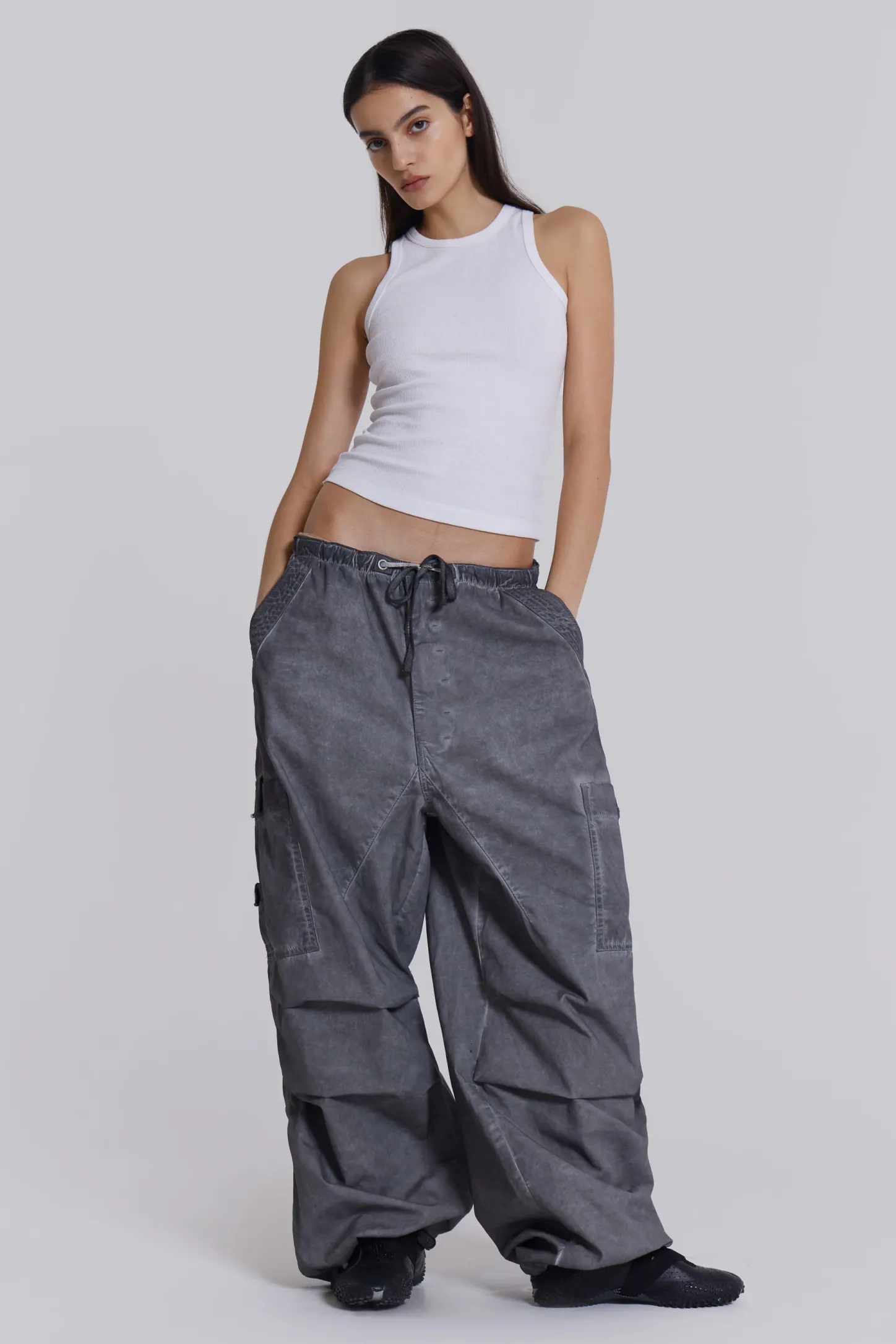 Black Oil Wash Parachute Pants-Jaded London Store