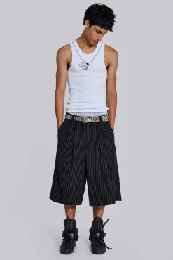 Black Pinstripe Goliath Shorts-Jaded London Clearance