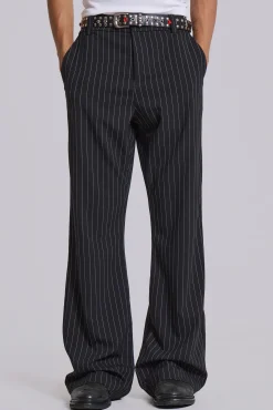 Black Pinstripe Stacked Bootcut Suit Pants-Jaded London Cheap