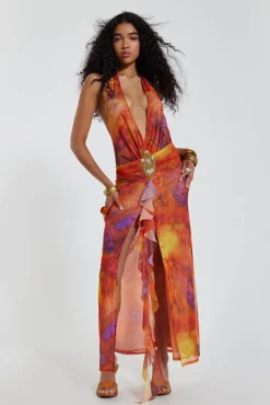 Cindy Plunge Maxi Dress In Orange-Jaded London Shop