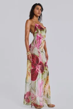 Dahlia Hand-Beaded Backless Chiffon Maxi Dress-Jaded London Clearance