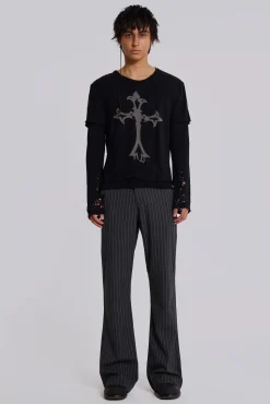 Grey Pinstripe Stacked Bootcut Suit Pants-Jaded London Clearance