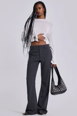 Grey Pinstripe Stacked Bootcut Suit Pants-Jaded London Clearance
