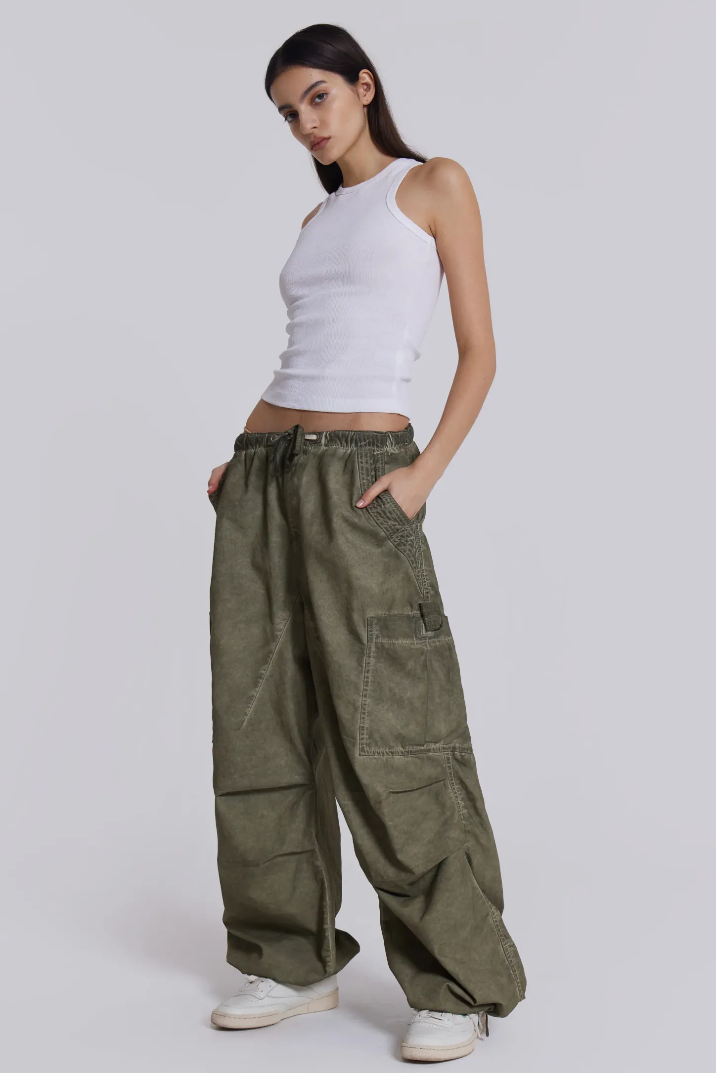 Khaki Oil Wash Parachute Pants-Jaded London Cheap