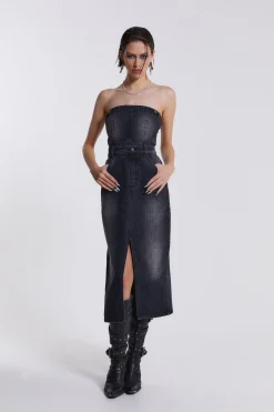 Liberty 2 In 1 Detachable Denim Black Midi Dress-Jaded London Store