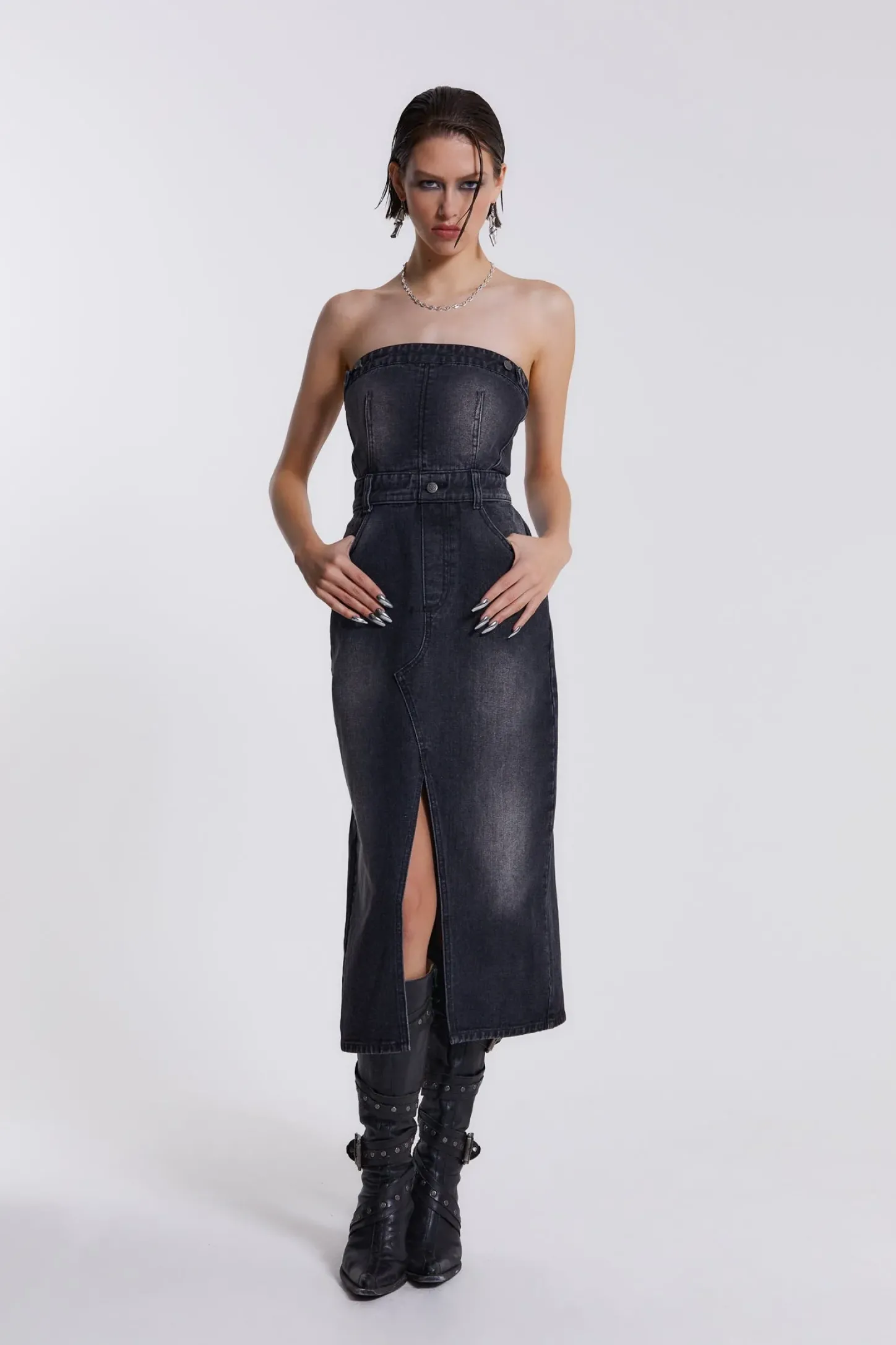 Liberty 2 In 1 Detachable Denim Black Midi Dress-Jaded London Store