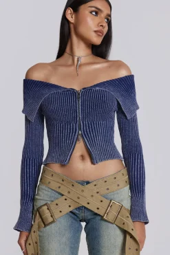 Tribeca Blue Ribbed Off The Shoulder Knit-Jaded London Fashion