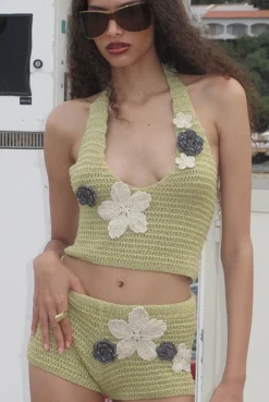 Vine Crochet Plunge Top With Flower Detail-Jaded London Cheap